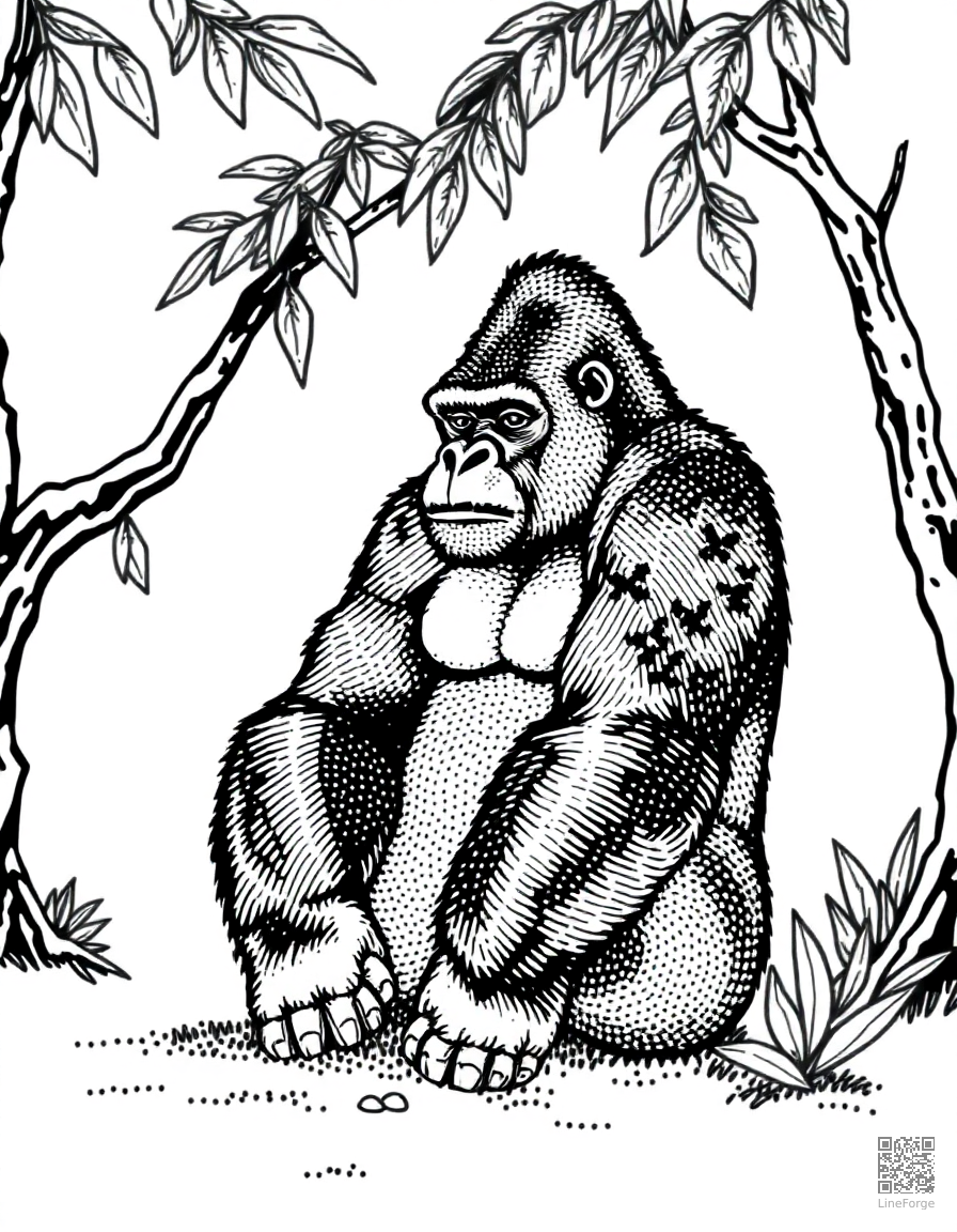 gorilla sitting peacefully in a jungle clearing coloring page Stipple style - free printable
