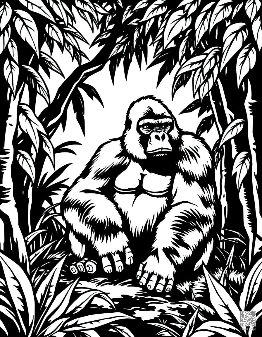 gorilla sitting peacefully in a jungle clearing coloring page Woodcut style - free printable