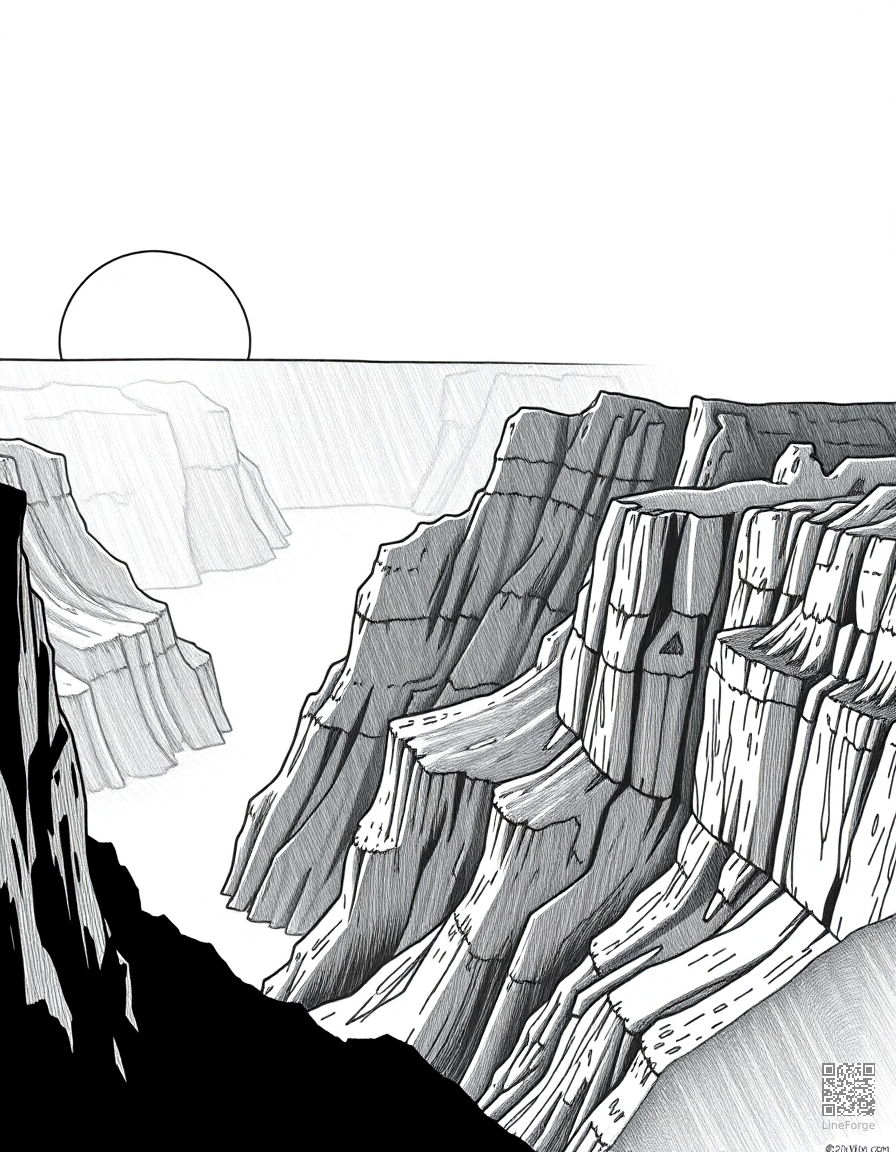 grand canyon sunrise with layers of color coloring page Crosshatch style - free printable