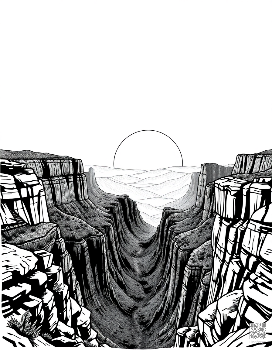 grand canyon sunrise with layers of color coloring page Woodcut style - free printable