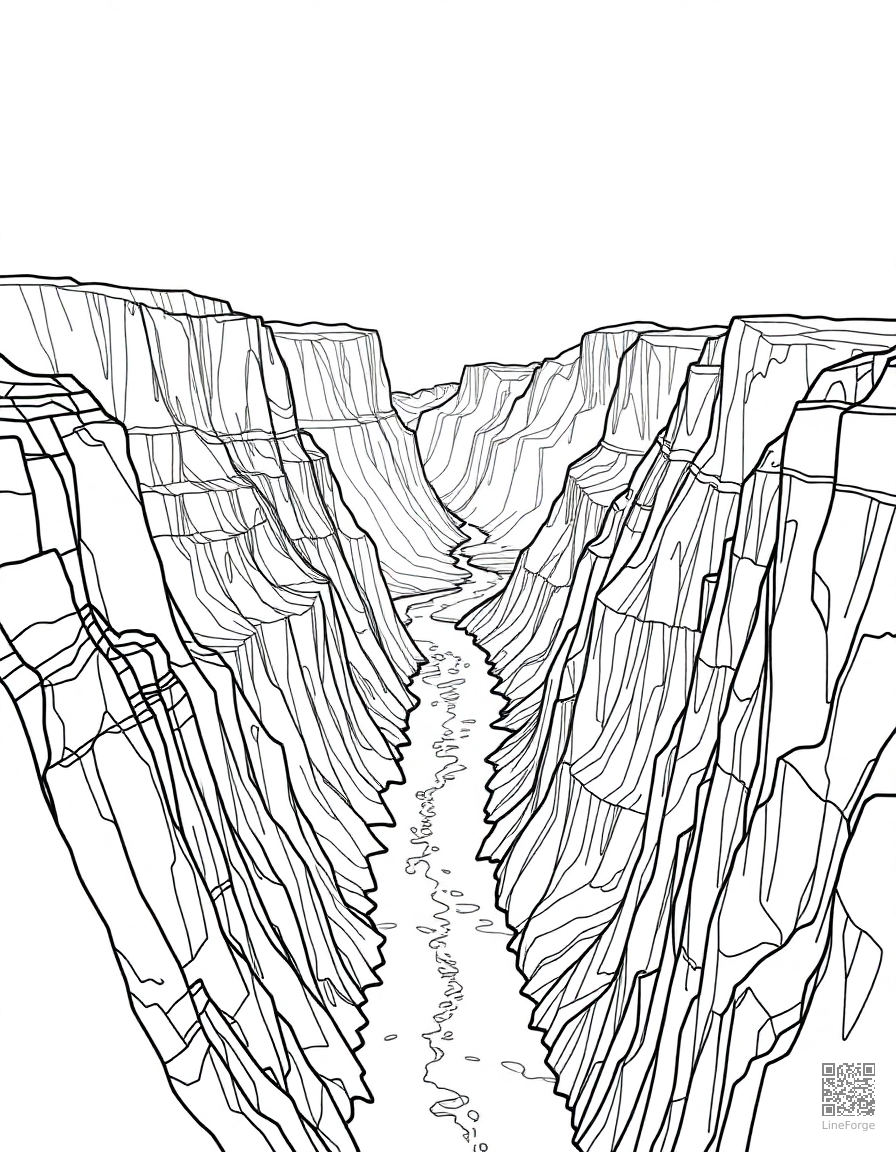 Free grand canyon with river below coloring page in contour style — printable line art