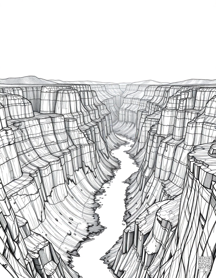 Free grand canyon with river below coloring page in crosshatch style — printable line art