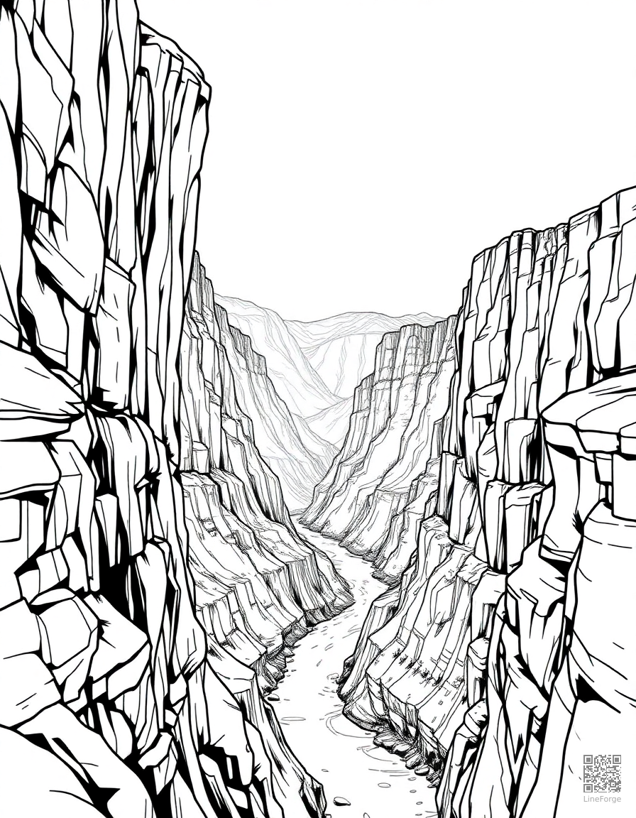 Free grand canyon with river below coloring page in manga style — printable line art