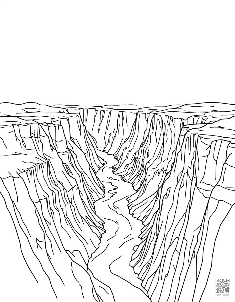 Free grand canyon with river below coloring page in minimal style — printable line art