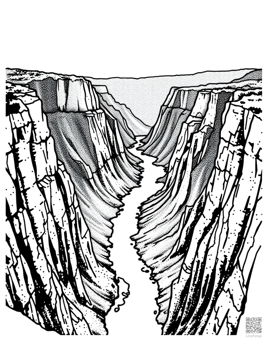 Free grand canyon with river below coloring page in stipple style — printable line art