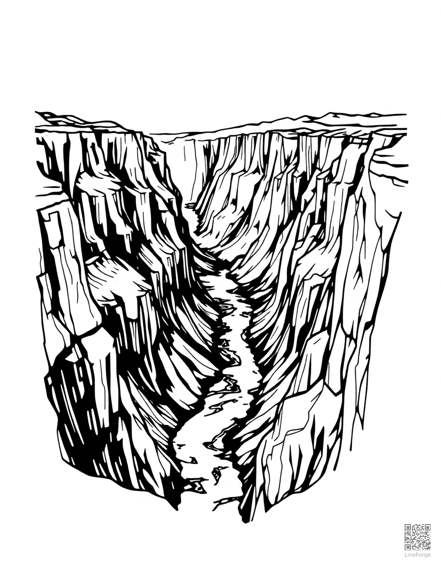 Free grand canyon with river below coloring page in woodcut style — printable line art