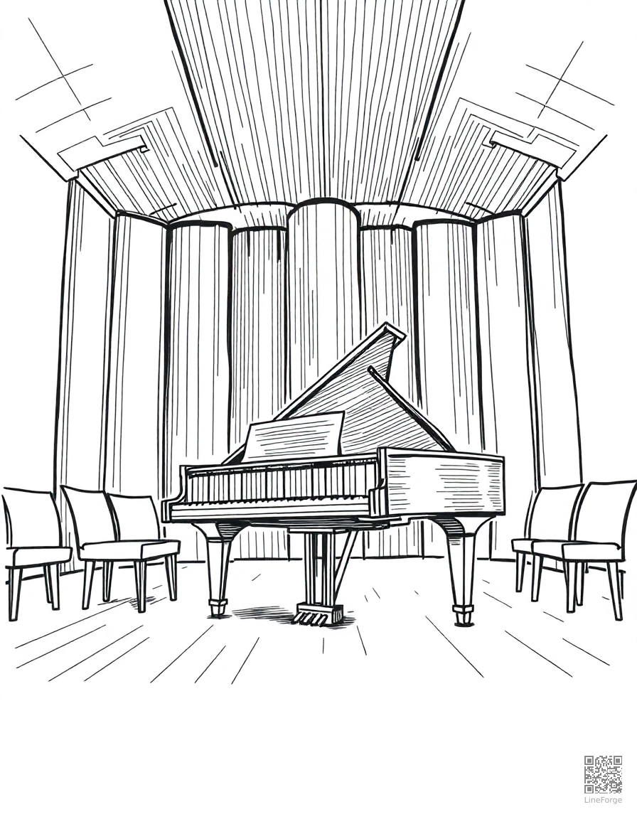 Free grand piano in a concert hall coloring page in crosshatch style — printable line art