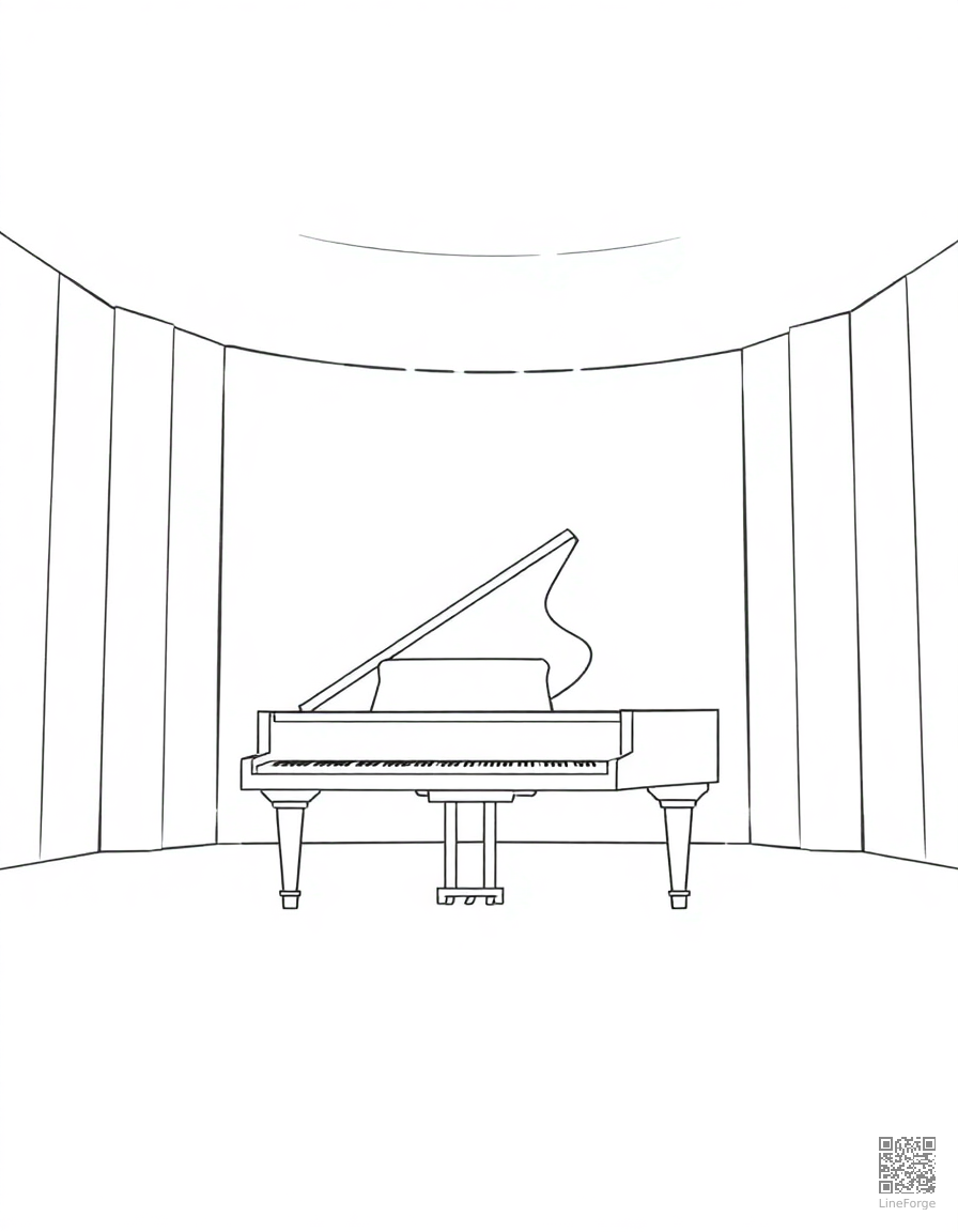 Free grand piano in a concert hall coloring page in minimal style — printable line art