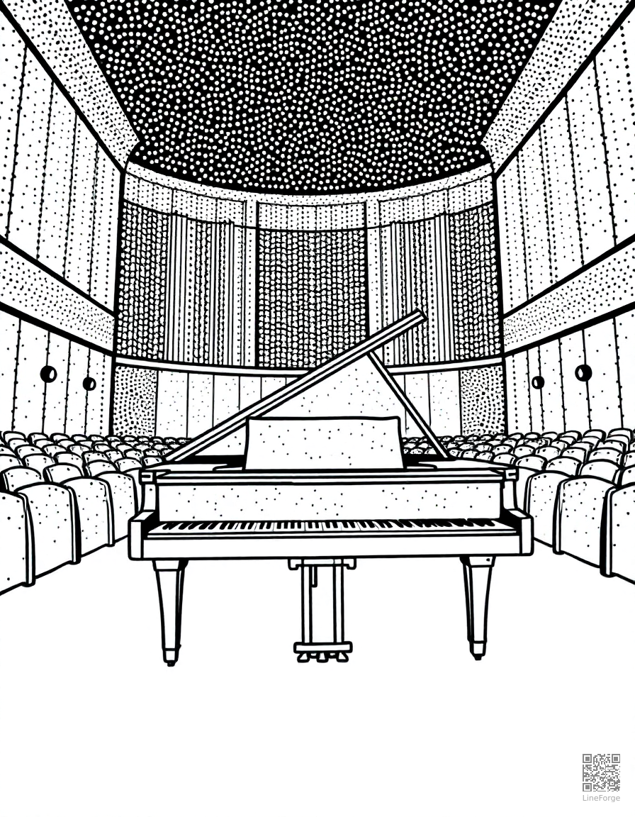 Free grand piano in a concert hall coloring page in stipple style — printable line art