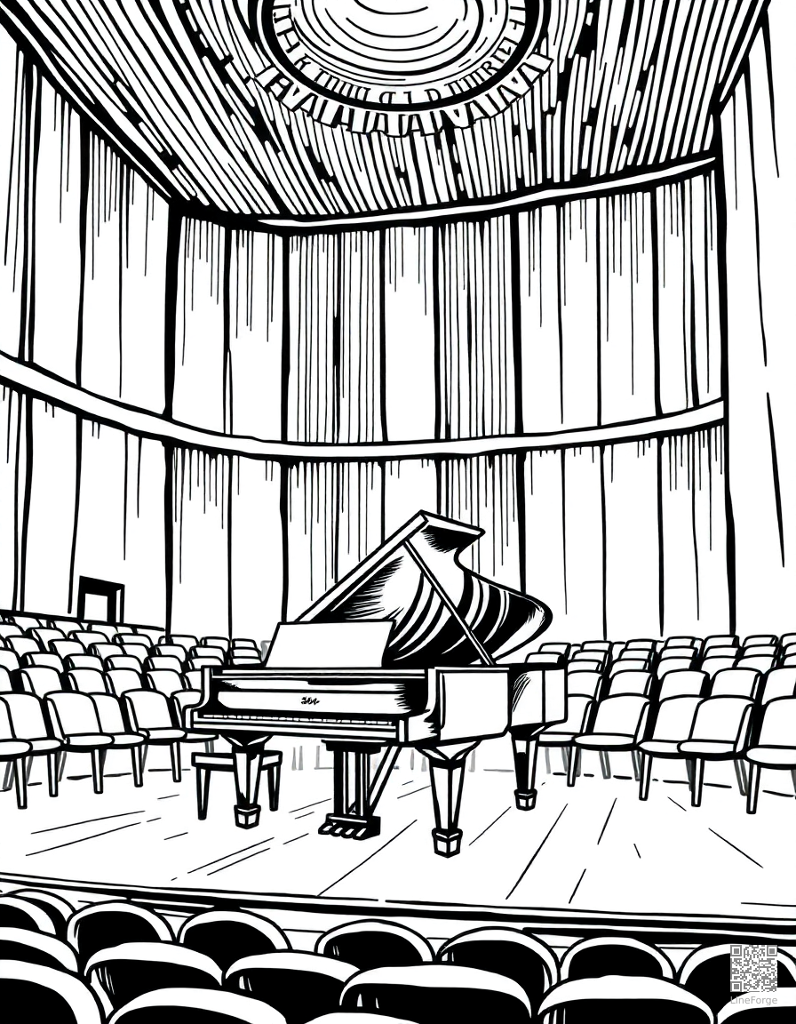 grand piano in a concert hall coloring page Woodcut style - free printable