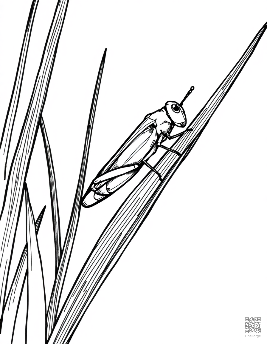 grasshopper on a blade of tall grass coloring page Crosshatch style - free printable