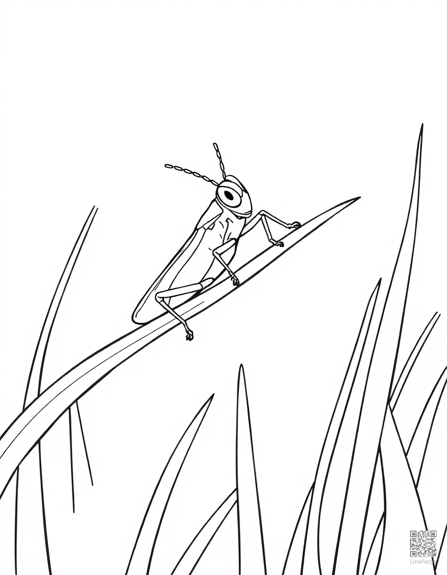 grasshopper on a blade of tall grass coloring page Manga style - free printable