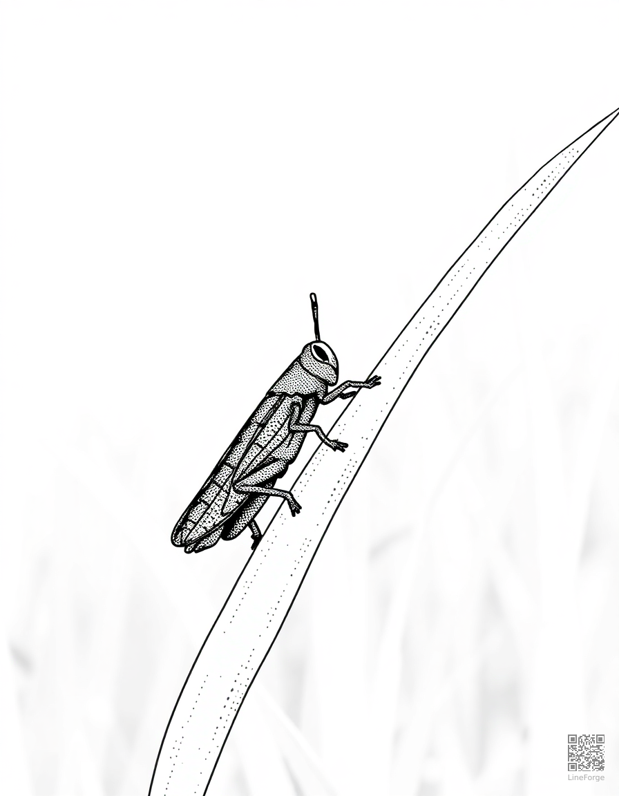 grasshopper on a blade of tall grass coloring page Stipple style - free printable