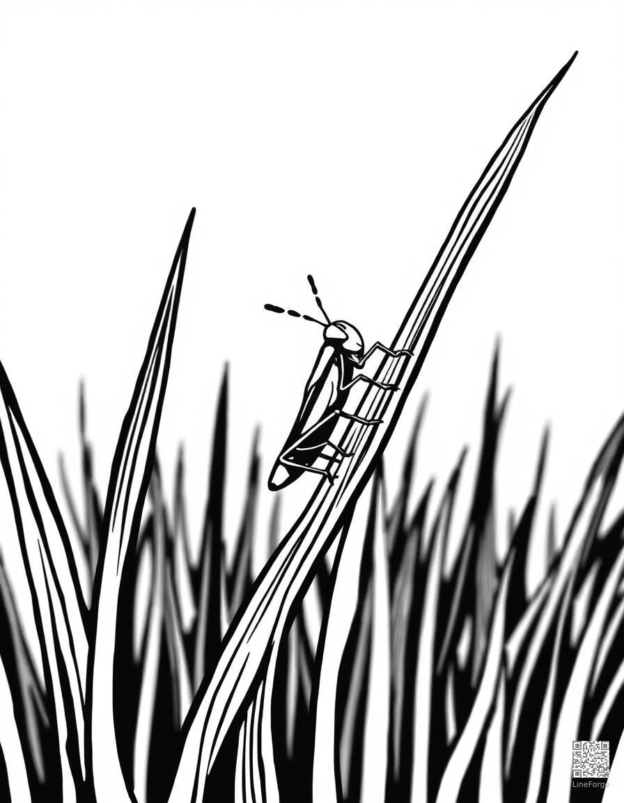 grasshopper on a blade of tall grass coloring page Woodcut style - free printable
