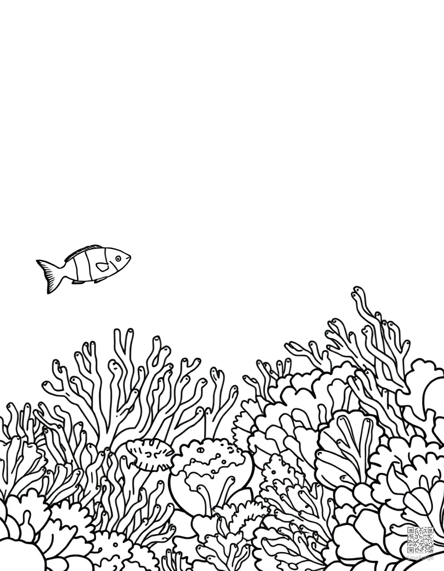 great barrier reef underwater scene coloring page Contour style - free printable