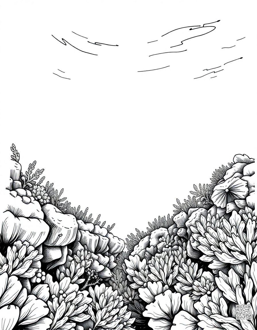 great barrier reef underwater scene coloring page Crosshatch style - free printable