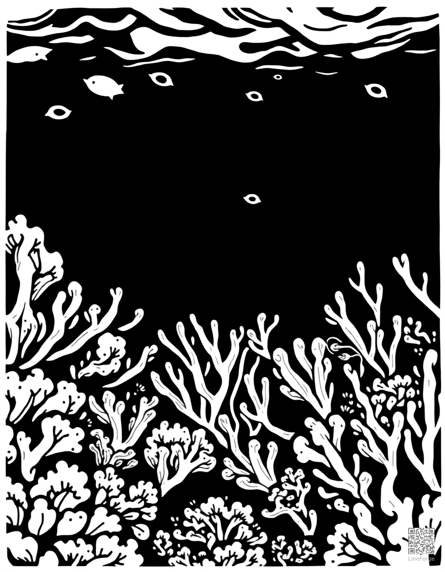 great barrier reef underwater scene coloring page Woodcut style - free printable
