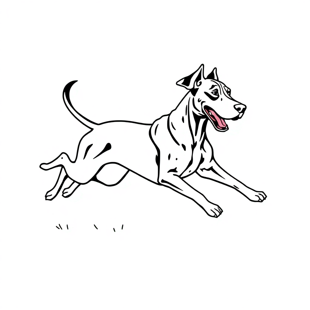 Great Dane dog — playing and running, energetic and joyful coloring page Minimal style - free printable