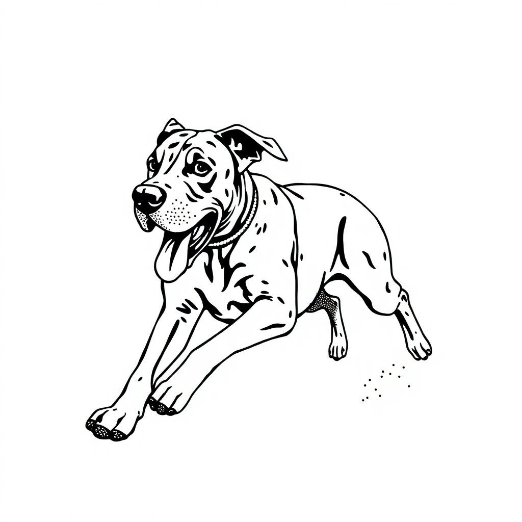 Great Dane dog — playing and running, energetic and joyful coloring page Stipple style - free printable