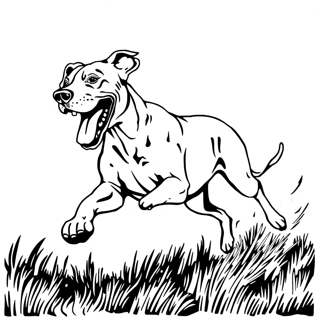 Great Dane dog — playing and running, energetic and joyful coloring page Woodcut style - free printable