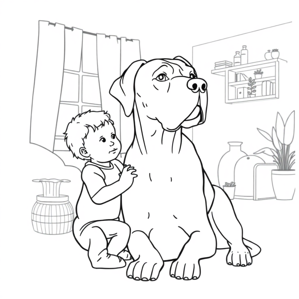 Great Dane dog — with a young child in a cozy home setting coloring page Contour style - free printable