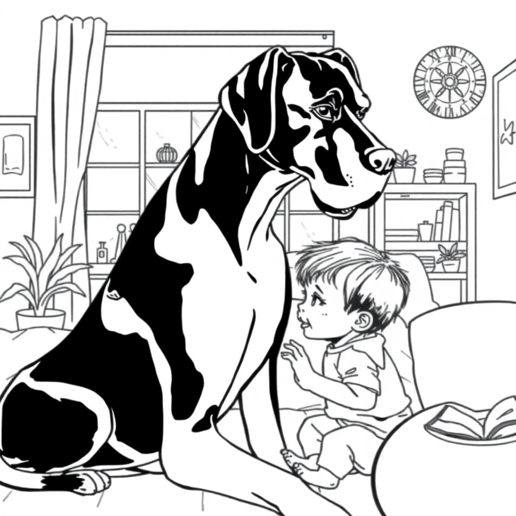 Great Dane dog — with a young child in a cozy home setting coloring page Manga style - free printable