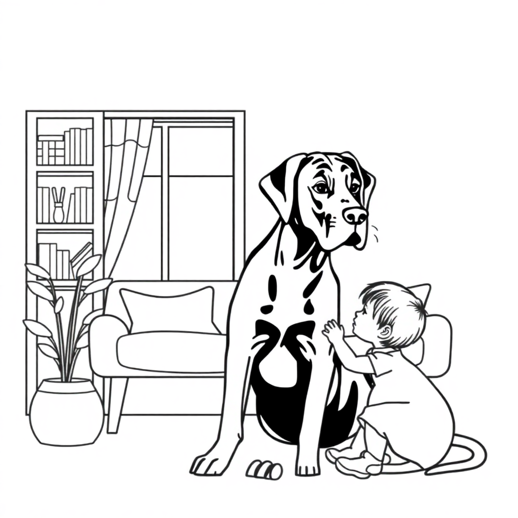 Great Dane dog — with a young child in a cozy home setting coloring page Minimal style - free printable