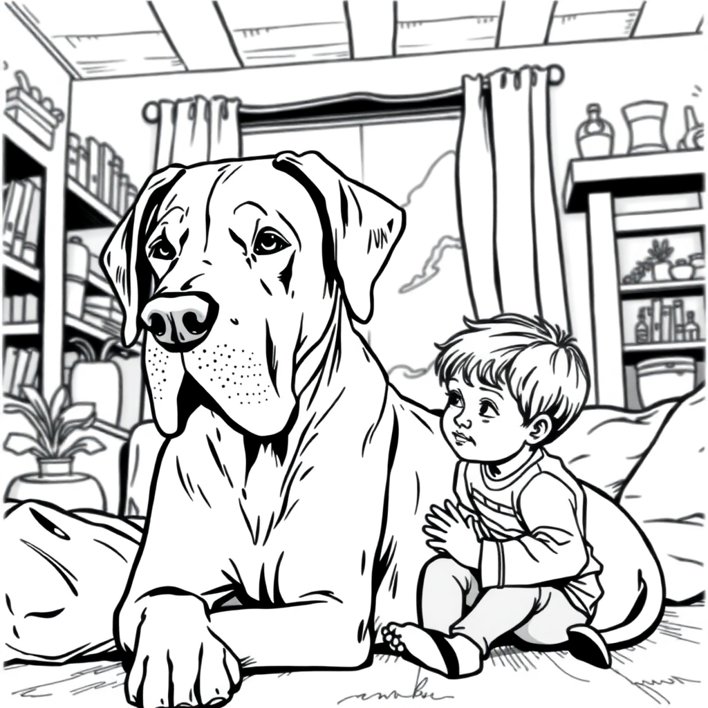 Great Dane dog — with a young child in a cozy home setting coloring page Rockwell style - free printable