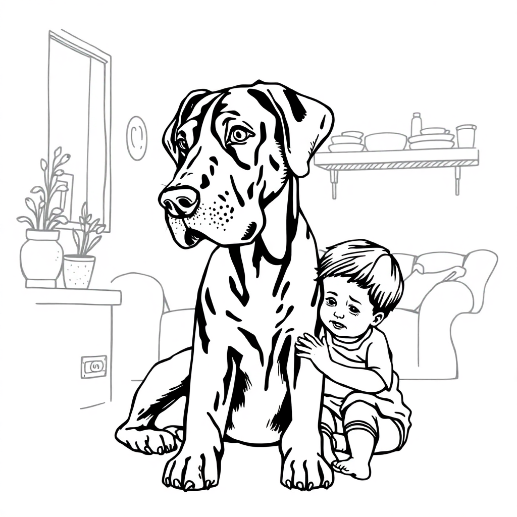Great Dane dog — with a young child in a cozy home setting coloring page Stipple style - free printable