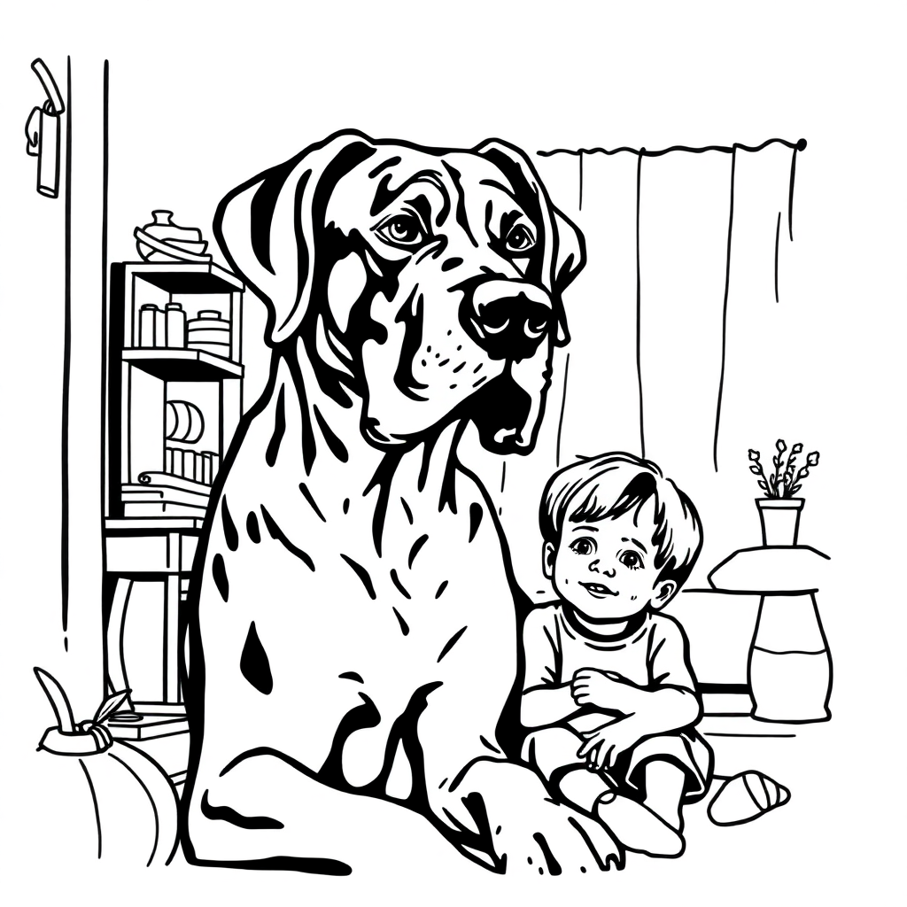 Great Dane dog — with a young child in a cozy home setting coloring page Woodcut style - free printable
