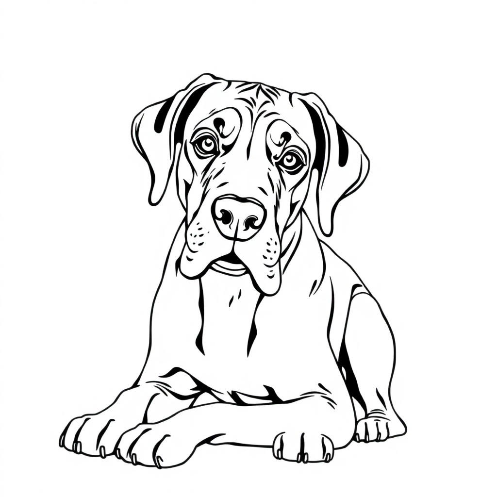 Great Dane dog — sitting portrait, looking at viewer, friendly expression coloring page Contour style - free printable