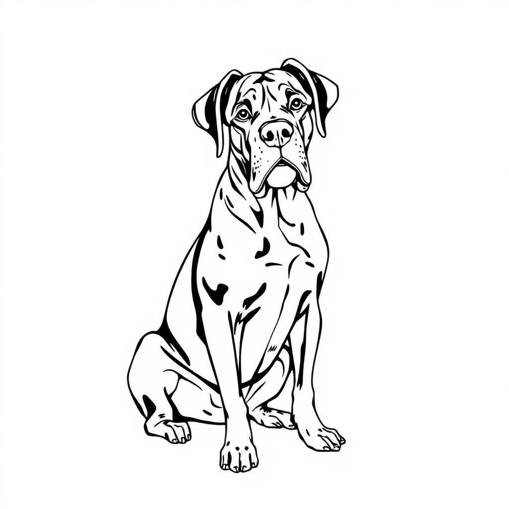 Great Dane dog — sitting portrait, looking at viewer, friendly expression coloring page Manga style - free printable