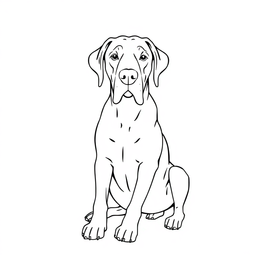 Great Dane dog — sitting portrait, looking at viewer, friendly expression coloring page Minimal style - free printable