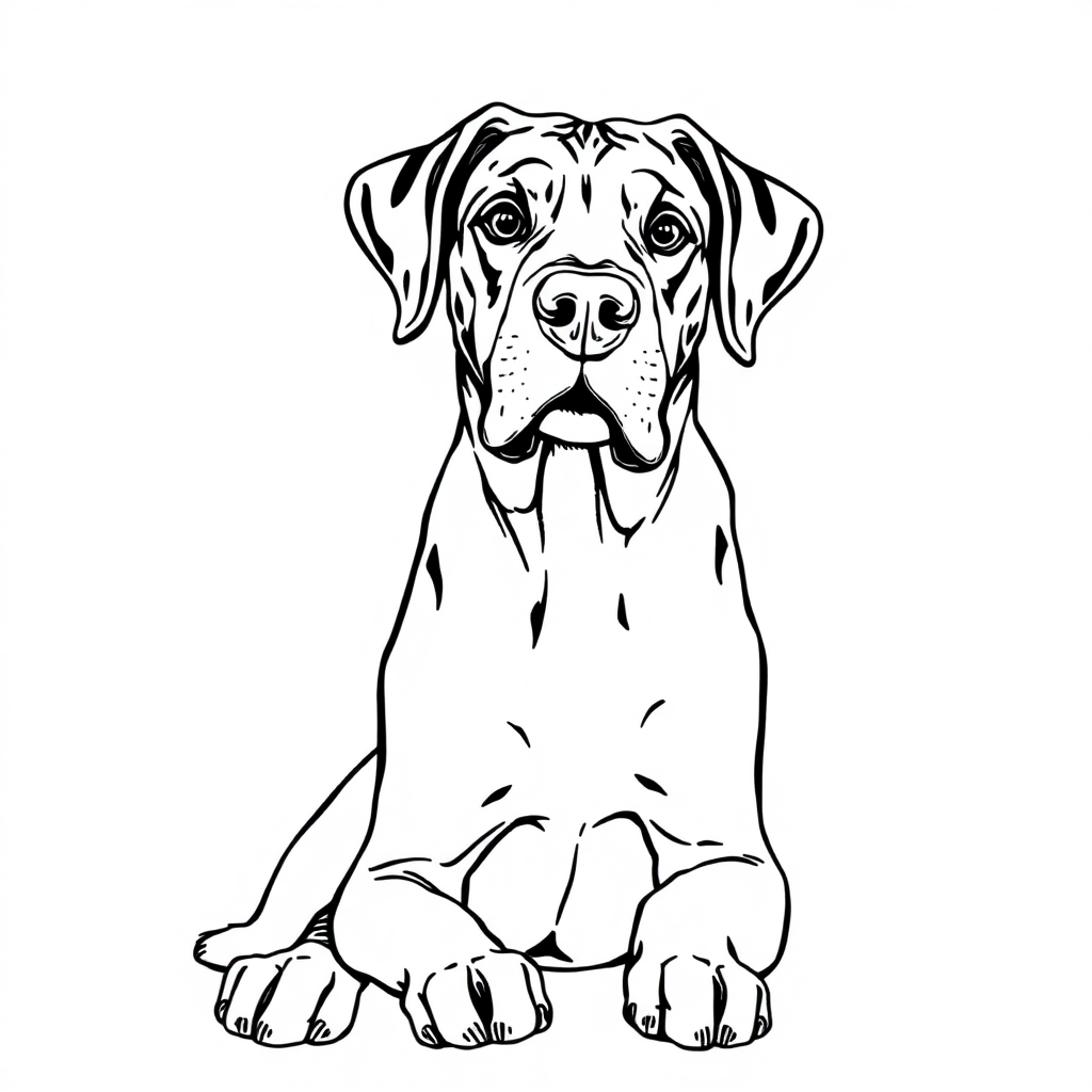 Great Dane dog — sitting portrait, looking at viewer, friendly expression coloring page Rockwell style - free printable