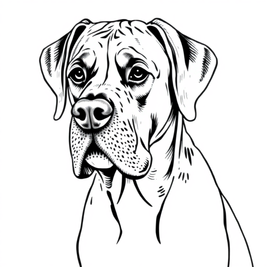 Great Dane dog — sitting portrait, looking at viewer, friendly expression coloring page Stipple style - free printable