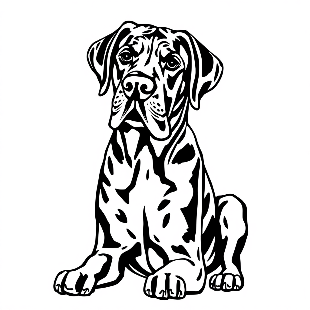 Great Dane dog — sitting portrait, looking at viewer, friendly expression coloring page Woodcut style - free printable
