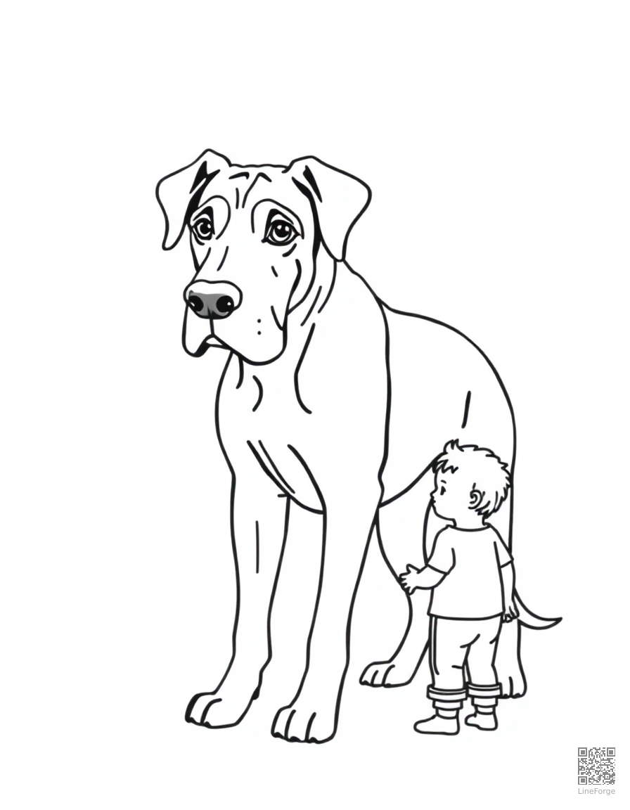 Free great dane standing next to a small child coloring page in contour style — printable line art