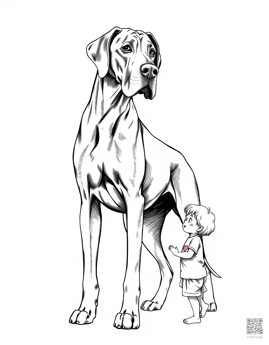 Free great dane standing next to a small child coloring page in crosshatch style — printable line art