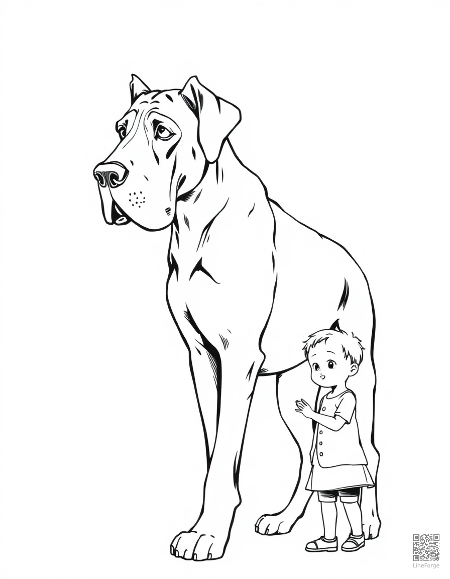 Free great dane standing next to a small child coloring page in manga style — printable line art