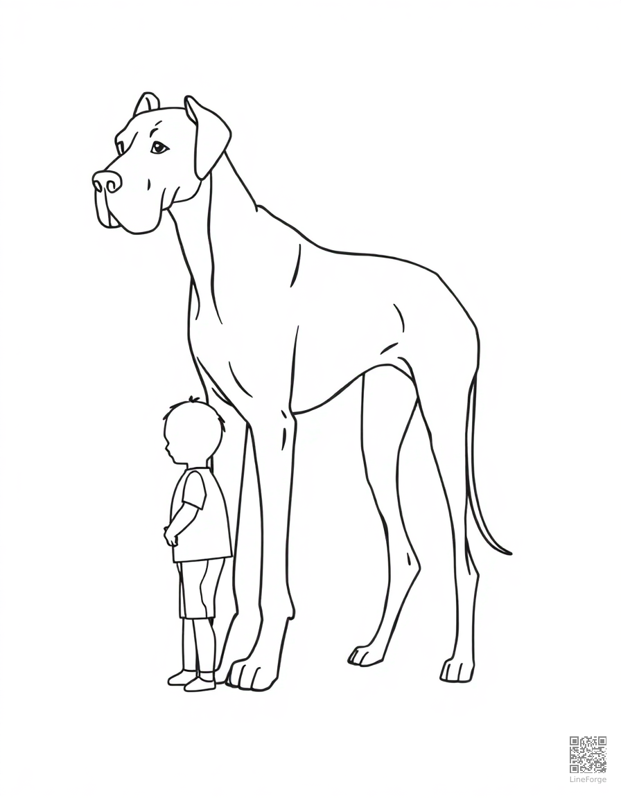 Free great dane standing next to a small child coloring page in minimal style — printable line art