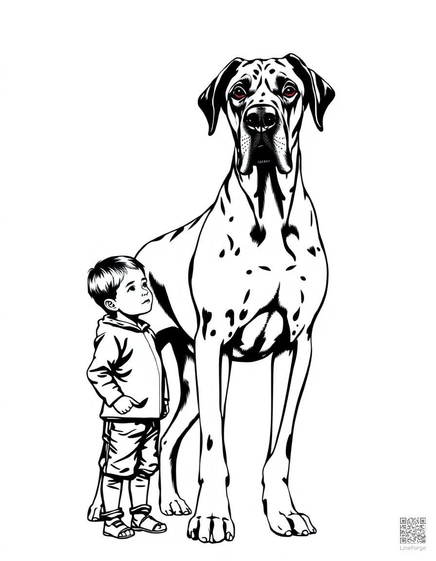Free great dane standing next to a small child coloring page in stipple style — printable line art