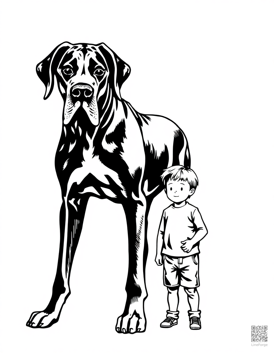 Free great dane standing next to a small child coloring page in woodcut style — printable line art