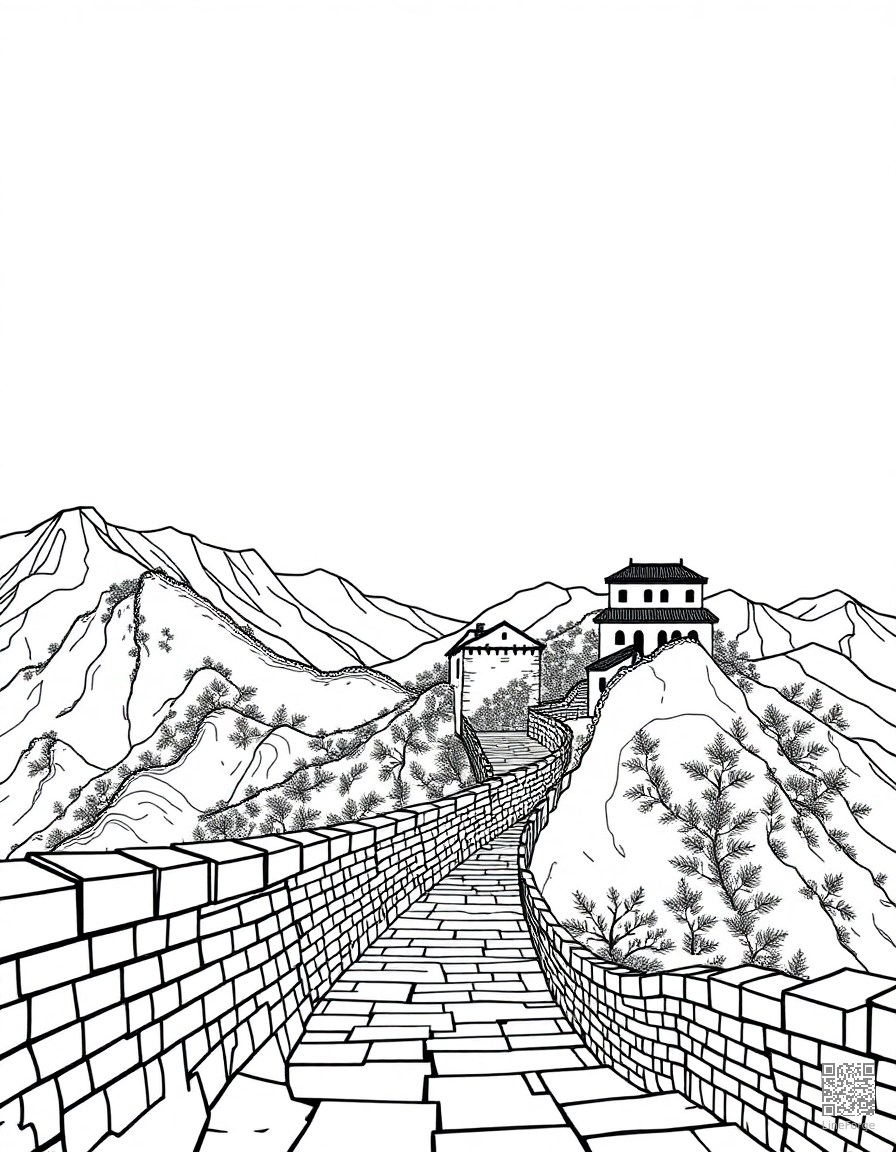 great wall of china stretching over mountains coloring page Contour style - free printable