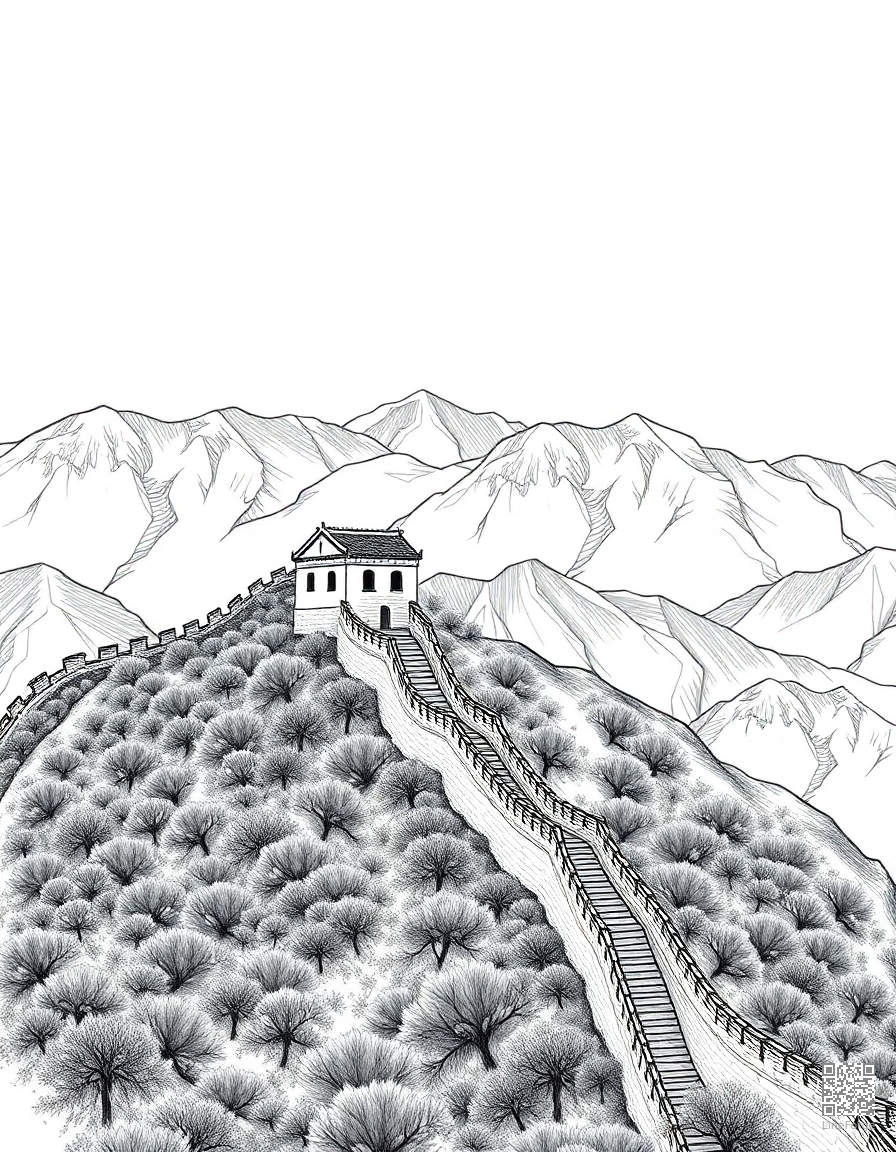 great wall of china stretching over mountains coloring page Crosshatch style - free printable