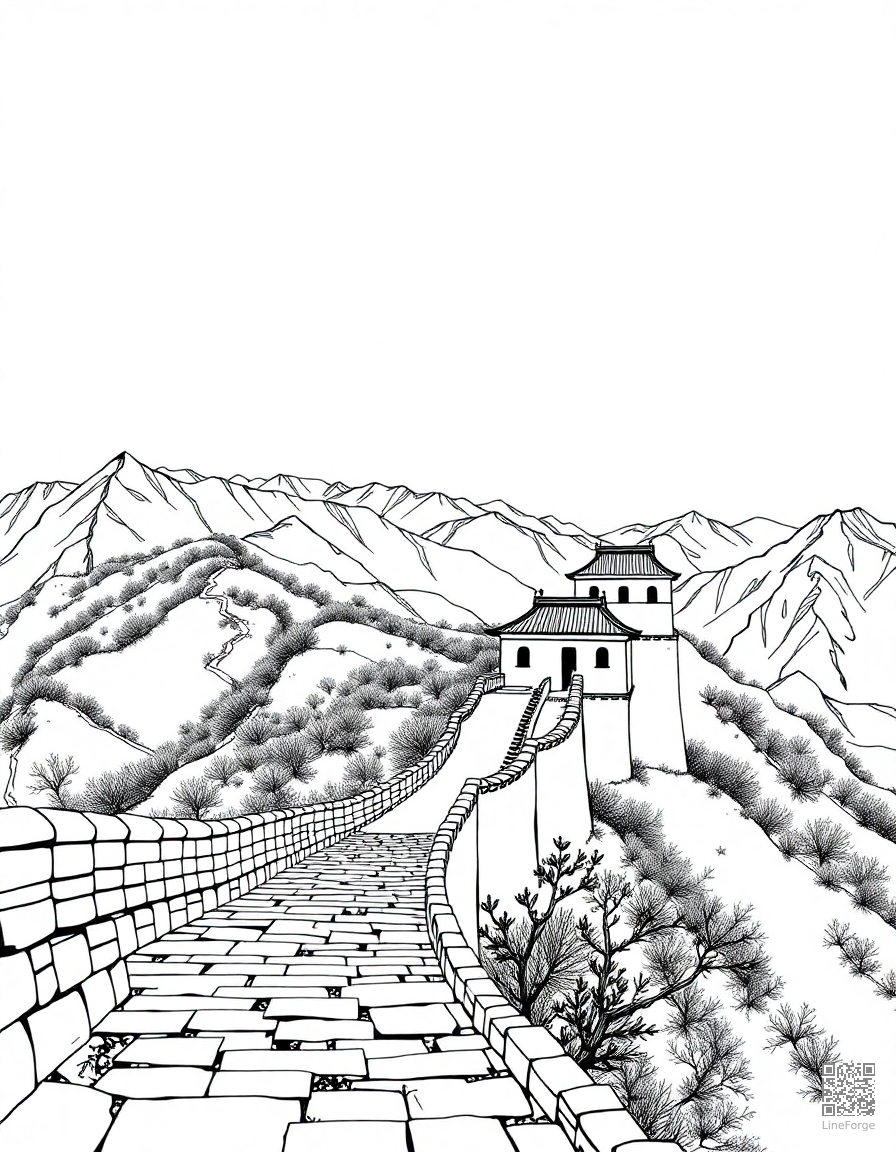 great wall of china stretching over mountains coloring page Manga style - free printable