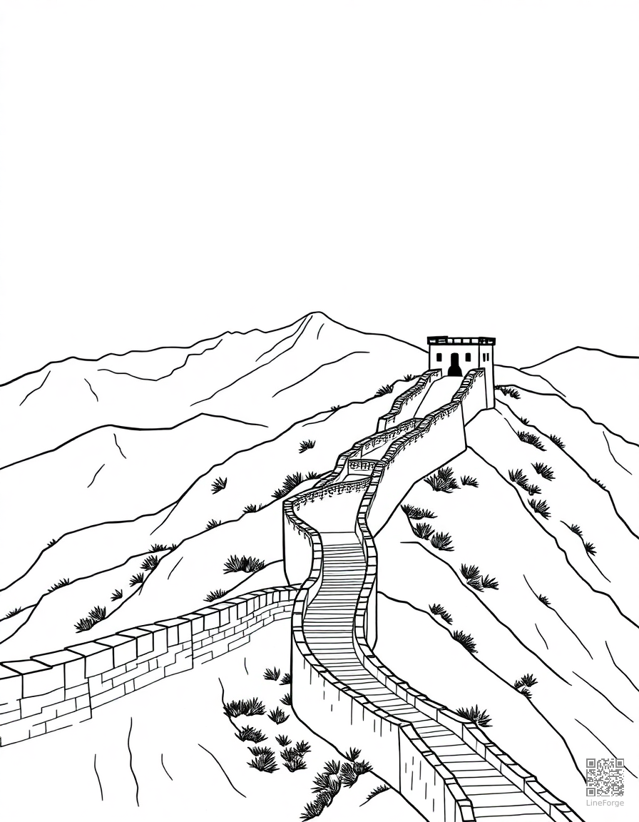 great wall of china stretching over mountains coloring page Minimal style - free printable