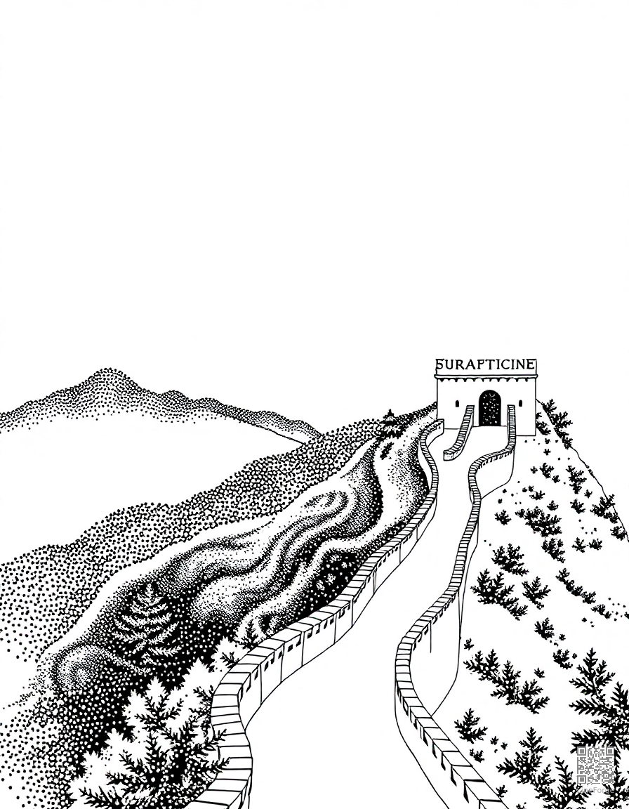 great wall of china stretching over mountains coloring page Stipple style - free printable