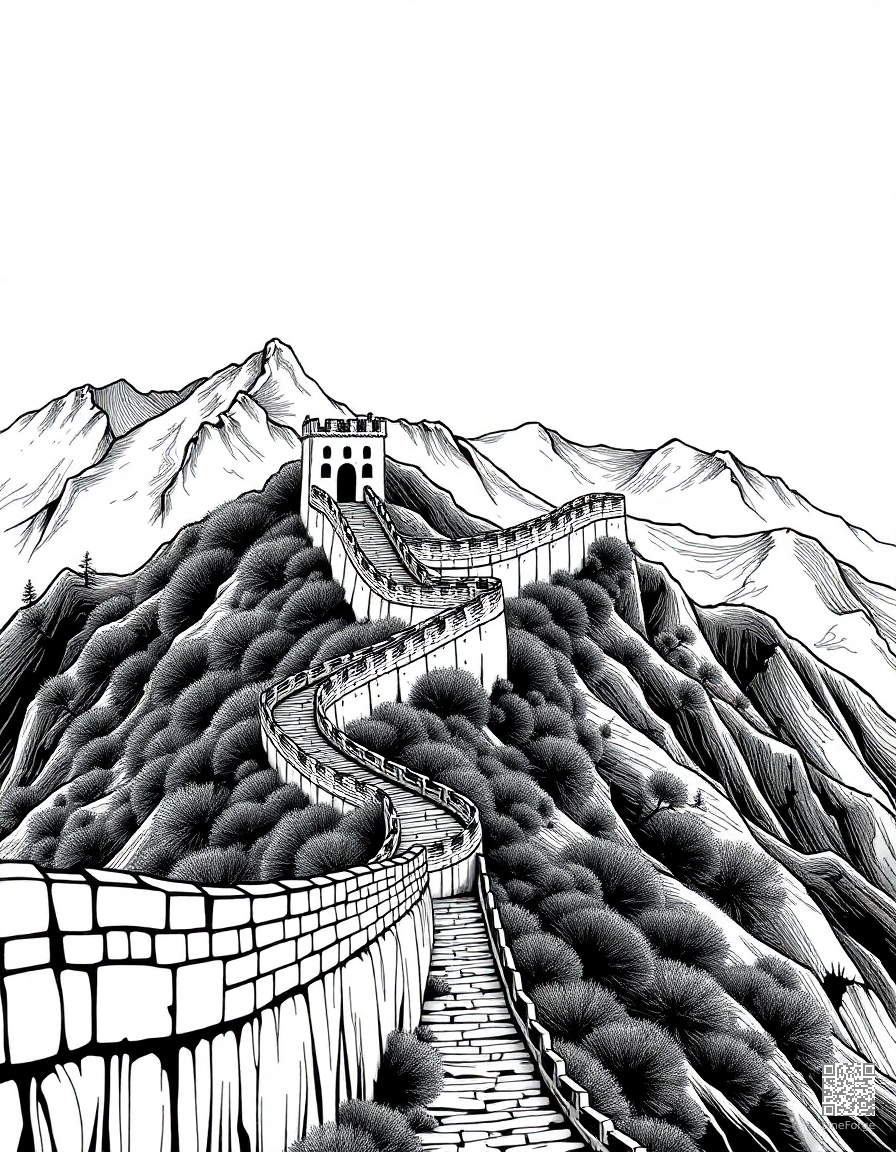 great wall of china stretching over mountains coloring page Woodcut style - free printable