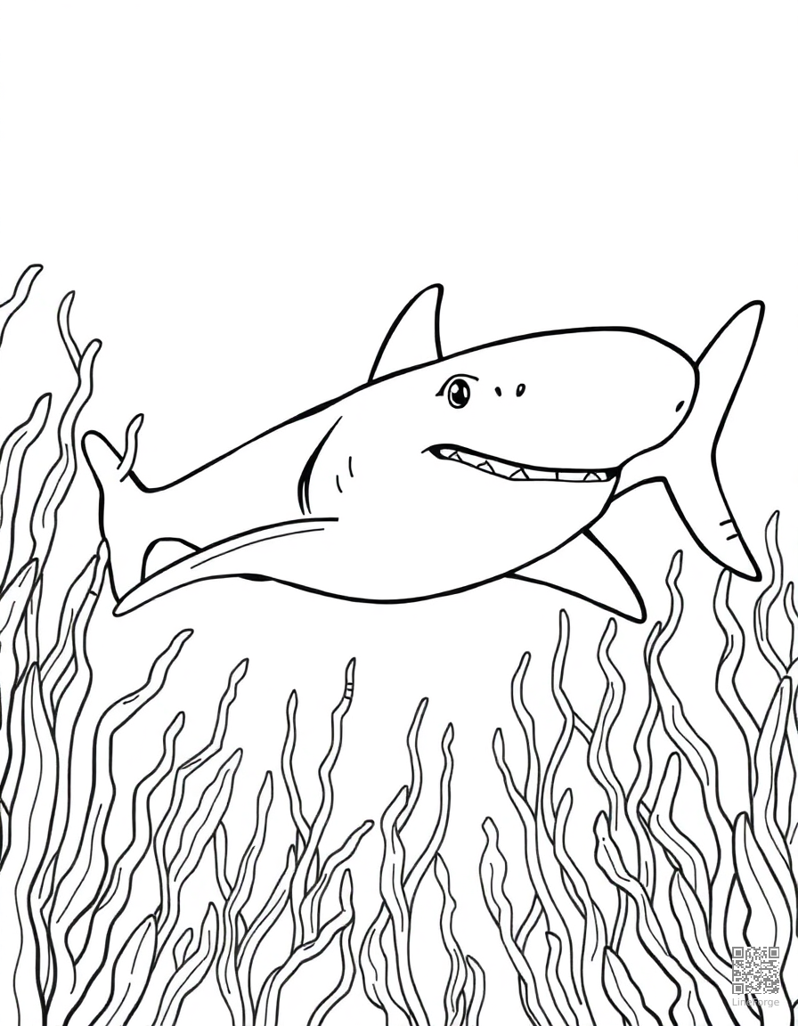 Free great white shark swimming through a kelp forest coloring page in contour style — printable line art