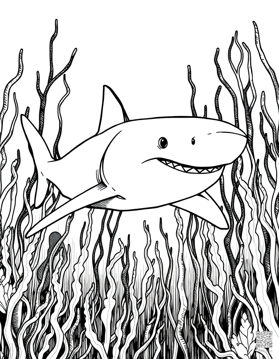 Free great white shark swimming through a kelp forest coloring page in crosshatch style — printable line art